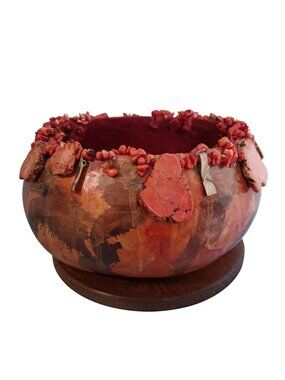 Signed Handmade Gourd Bowl With Coral Colored Stone Accents